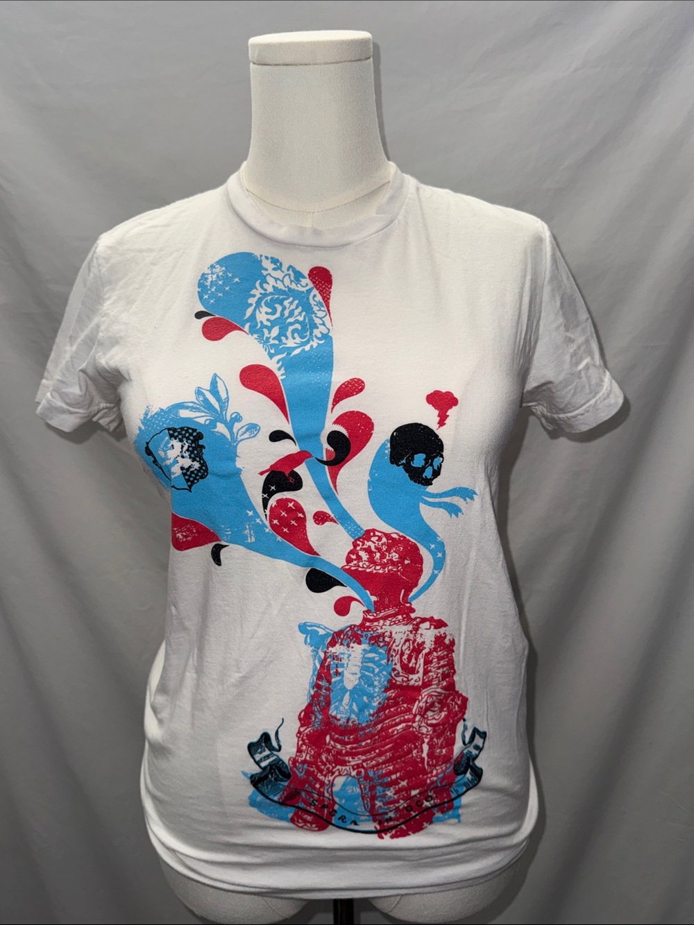 Early 2000’s Vintage American Apparel White Tee with Blue & Red Graphic Skeleton